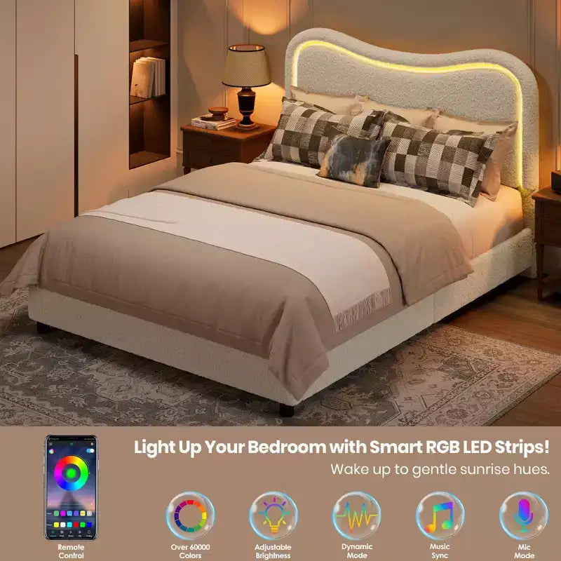 Letto a piattaforma singolo imbottito bianco con testiera a LED RGB e 2 cassetti portaoggetti, per 1 persona