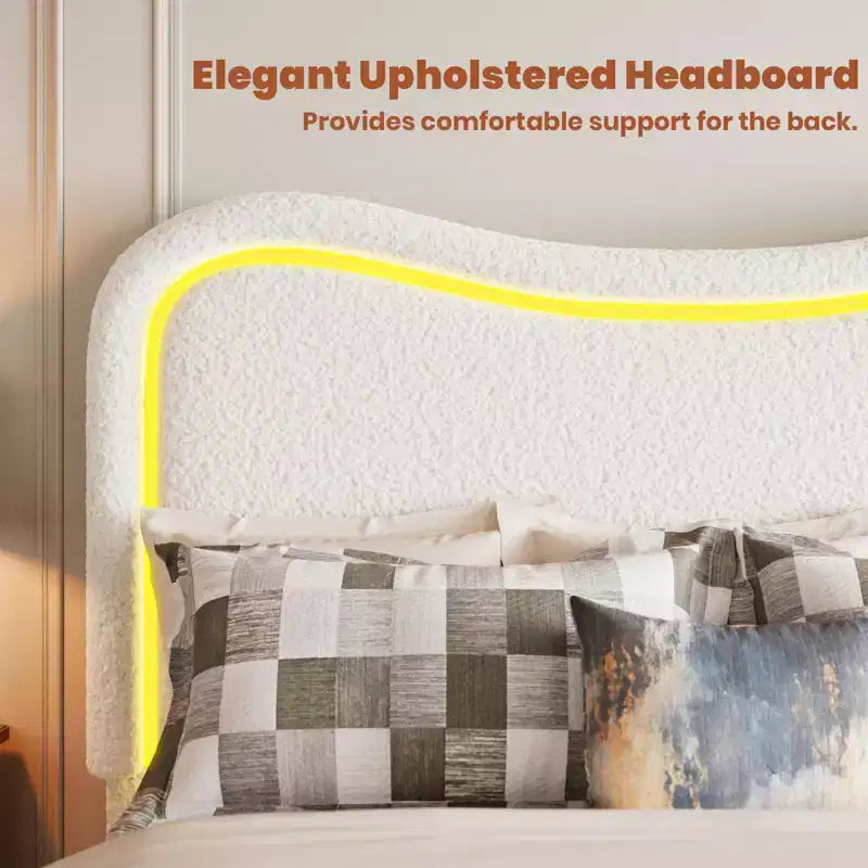 Letto a piattaforma singolo imbottito bianco con testiera a LED RGB e 2 cassetti portaoggetti, per 1 persona