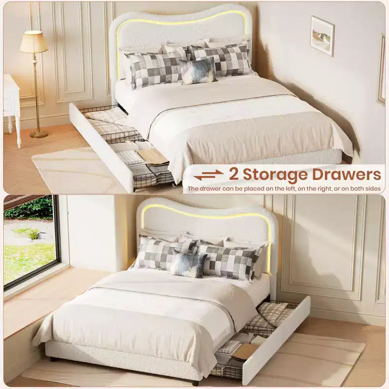 Letto a piattaforma singolo imbottito bianco con testiera a LED RGB e 2 cassetti portaoggetti, per 1 persona