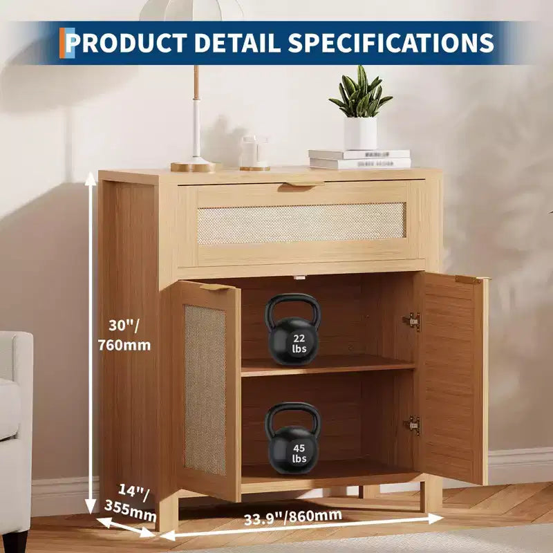 Madia Contenitore con Anta in Rattan Marrone Scuro / Marrone Chiaro, Credenza Moderna in Legno, Confezione da 2 o 3 pezzi