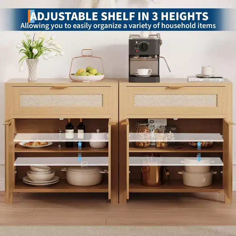 Madia Contenitore con Anta in Rattan Marrone Scuro / Marrone Chiaro, Credenza Moderna in Legno, Confezione da 2 o 3 pezzi