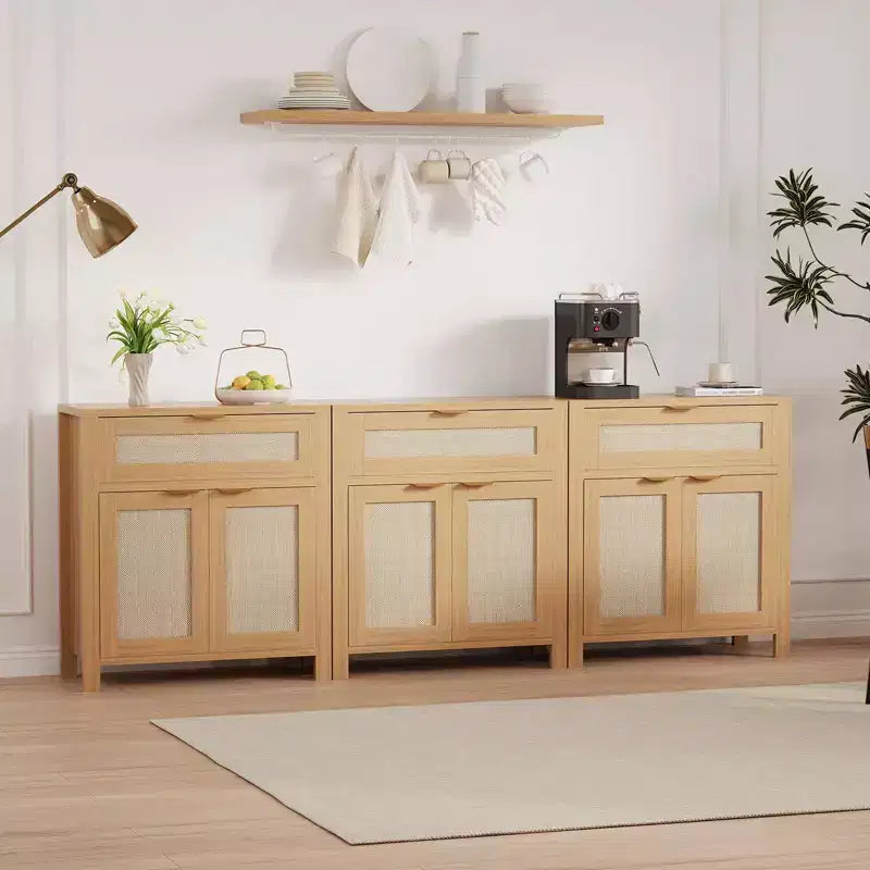 Madia Contenitore con Anta in Rattan Marrone Scuro / Marrone Chiaro, Credenza Moderna in Legno, Confezione da 2 o 3 pezzi