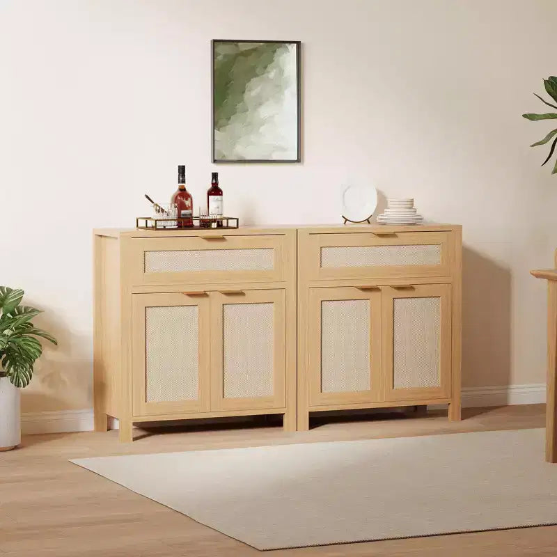 Madia Contenitore con Anta in Rattan Marrone Scuro / Marrone Chiaro, Credenza Moderna in Legno, Confezione da 2 o 3 pezzi