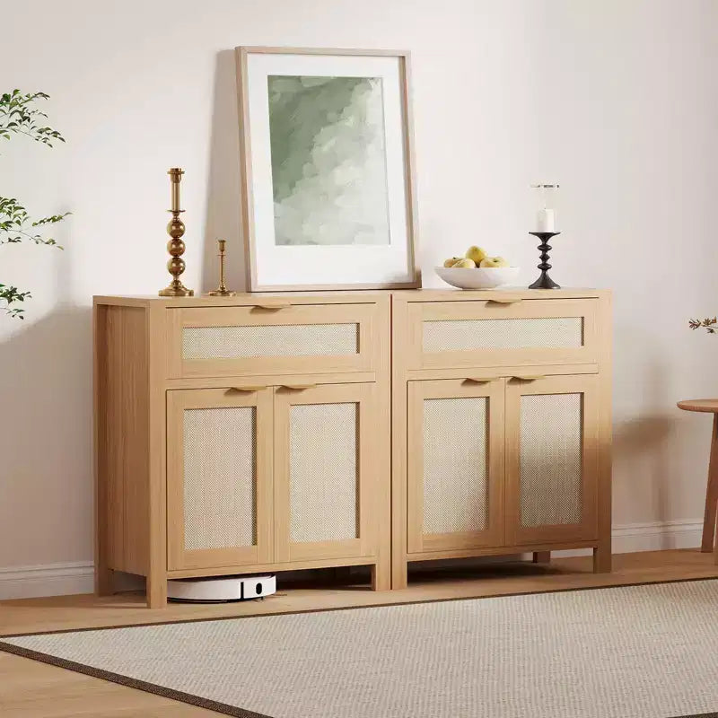 Madia Contenitore con Anta in Rattan Marrone Scuro / Marrone Chiaro, Credenza Moderna in Legno, Confezione da 2 o 3 pezzi