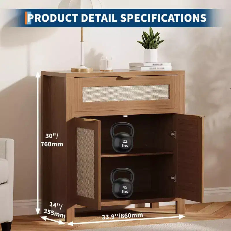 Madia Contenitore con Anta in Rattan Marrone Scuro / Marrone Chiaro, Credenza Moderna in Legno, Confezione da 2 o 3 pezzi