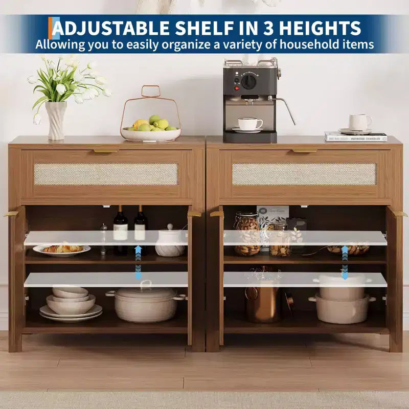 Madia Contenitore con Anta in Rattan Marrone Scuro / Marrone Chiaro, Credenza Moderna in Legno, Confezione da 2 o 3 pezzi