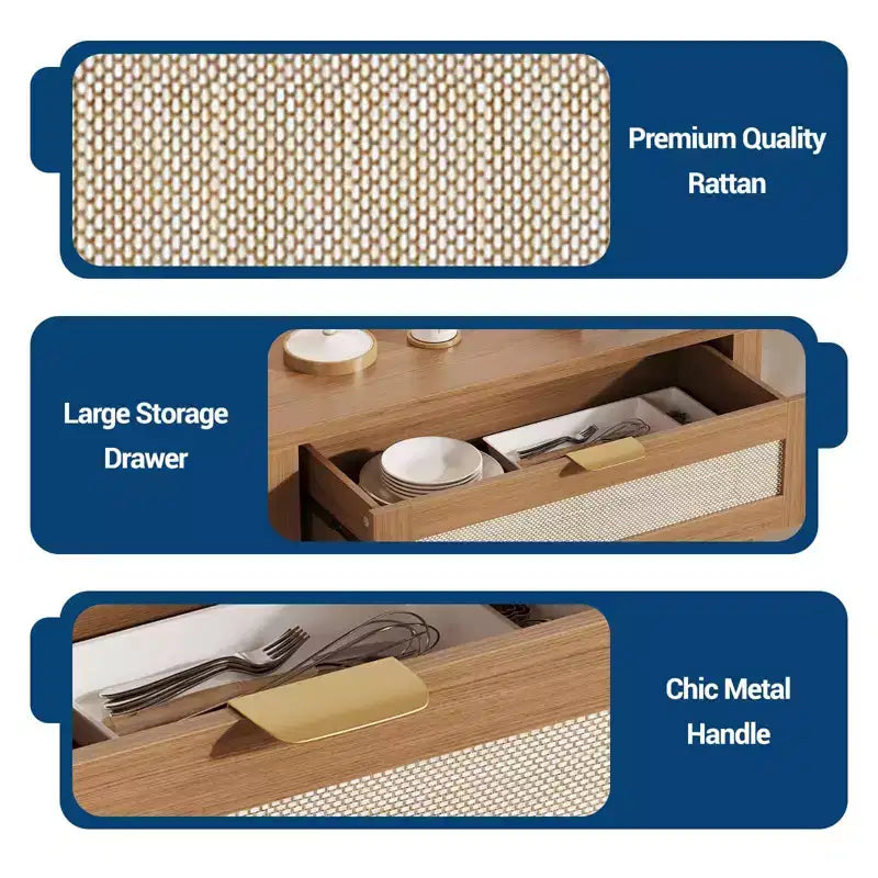 Madia Contenitore con Anta in Rattan Marrone Scuro / Marrone Chiaro, Credenza Moderna in Legno, Confezione da 2 o 3 pezzi