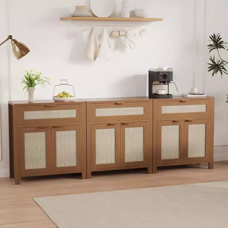 Madia Contenitore con Anta in Rattan Marrone Scuro / Marrone Chiaro, Credenza Moderna in Legno, Confezione da 2 o 3 pezzi