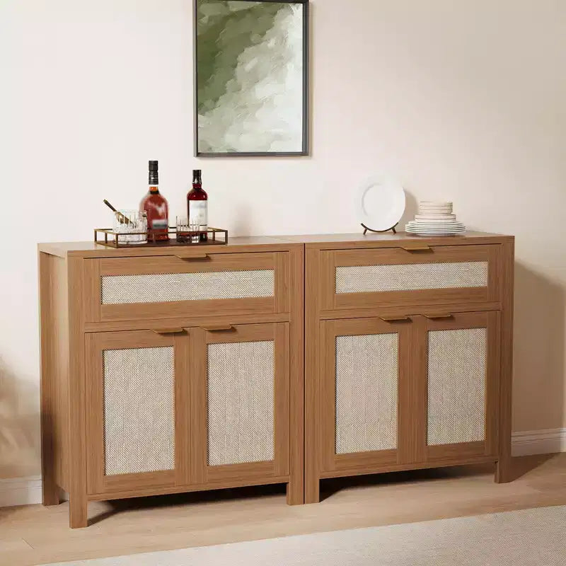 Madia Contenitore con Anta in Rattan Marrone Scuro / Marrone Chiaro, Credenza Moderna in Legno, Confezione da 2 o 3 pezzi