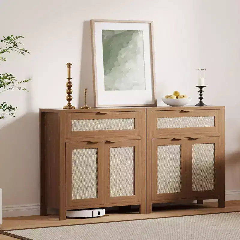 Madia Contenitore con Anta in Rattan Marrone Scuro / Marrone Chiaro, Credenza Moderna in Legno, Confezione da 2 o 3 pezzi