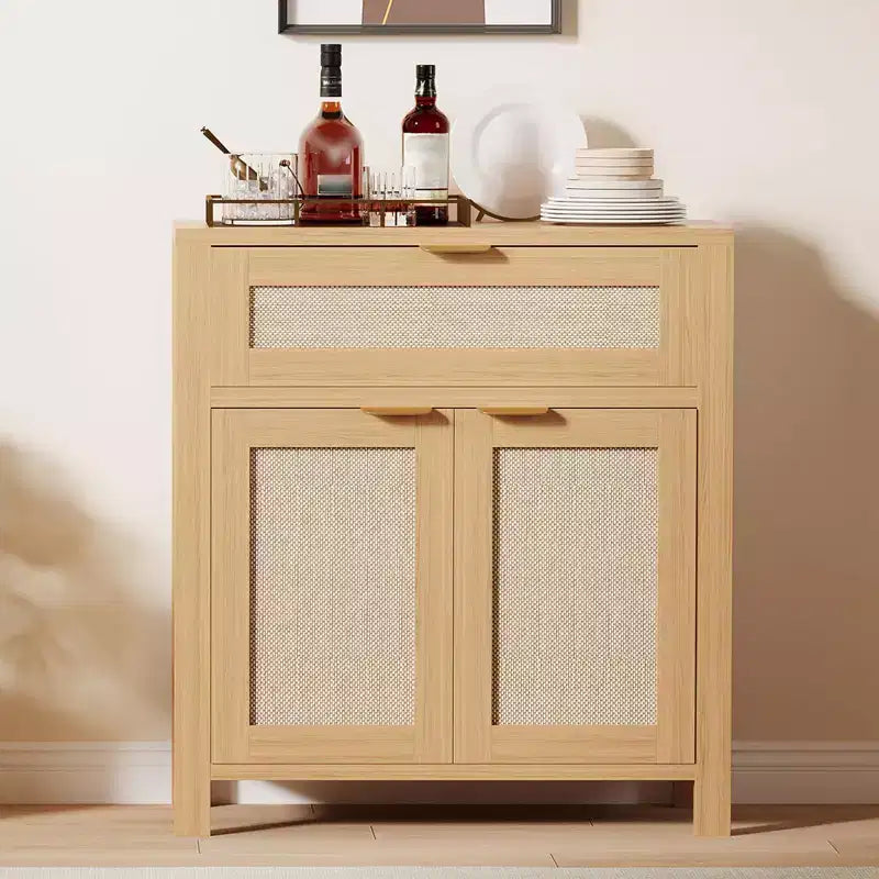 Madia Contenitore con Anta in Rattan Marrone Scuro / Marrone Chiaro, Credenza Moderna in Legno, Confezione da 2 o 3 pezzi