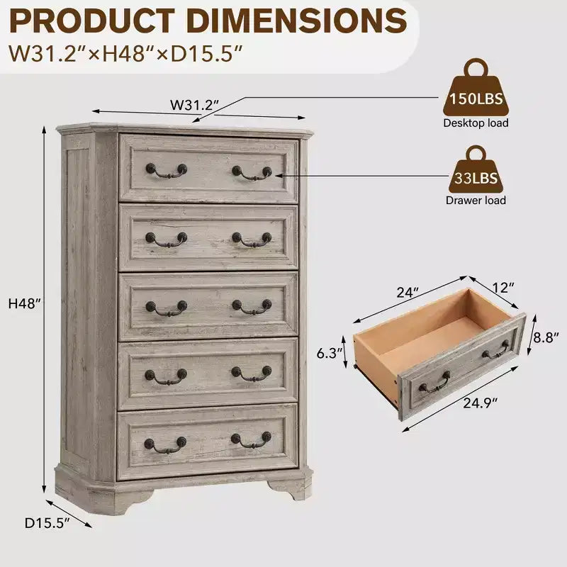 Cassettiera a 5 cassetti color bianco antico/marrone scuro/rovere rustico, stile vintage rustico, per un assemblaggio da 2 persone