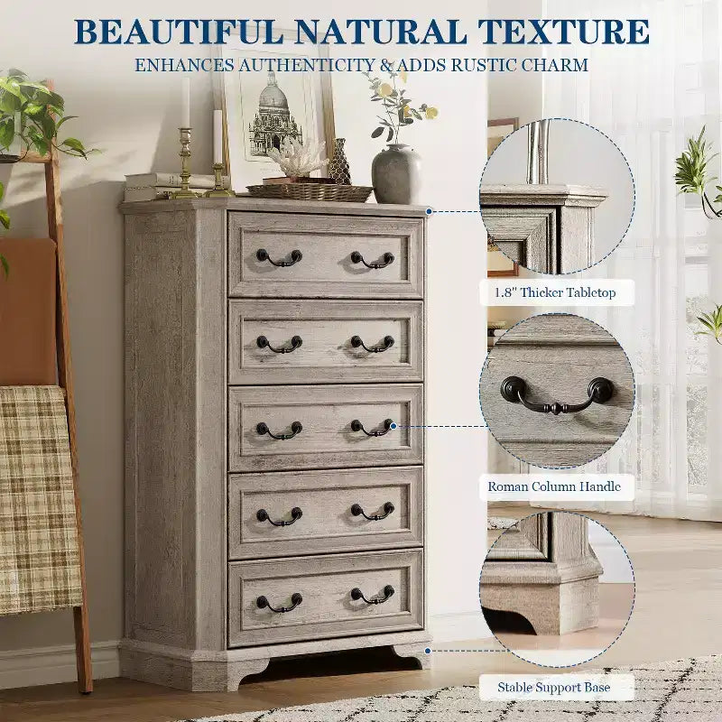 Cassettiera a 5 cassetti color bianco antico/marrone scuro/rovere rustico, stile vintage rustico, per un assemblaggio da 2 persone