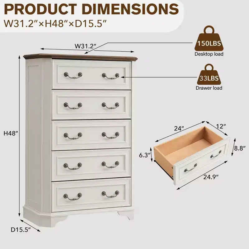Cassettiera a 5 cassetti color bianco antico/marrone scuro/rovere rustico, stile vintage rustico, per un assemblaggio da 2 persone