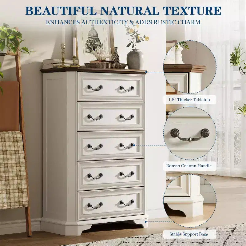 Cassettiera a 5 cassetti color bianco antico/marrone scuro/rovere rustico, stile vintage rustico, per un assemblaggio da 2 persone