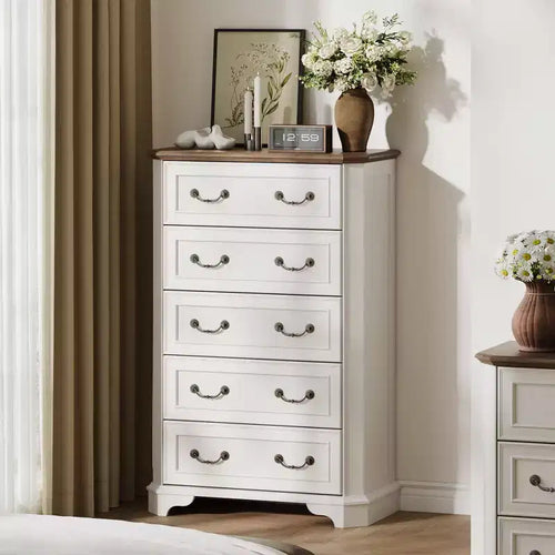 Farmhouse 5 Drawers Dresser, 48 Tall Vintage Chest of Drawers