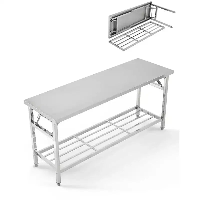 Heavy-Duty Stainless Steel Folding Table - 2-Tier Collapsible Workbench with Undershelf - NSF Certified, Portable, Space-Saving, Easy to Clean