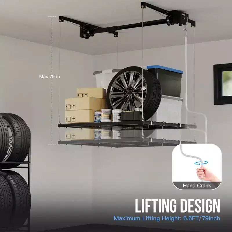Scaffale Portaoggetti da Garage con Montaggio a Soffitto in Metallo Nero, 1,2x1,2 m, Capacità 158 kg