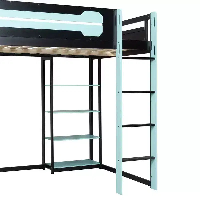 Letto a soppalco con scrivania e scaffali, una piazza, nero e blu / verde / rosso