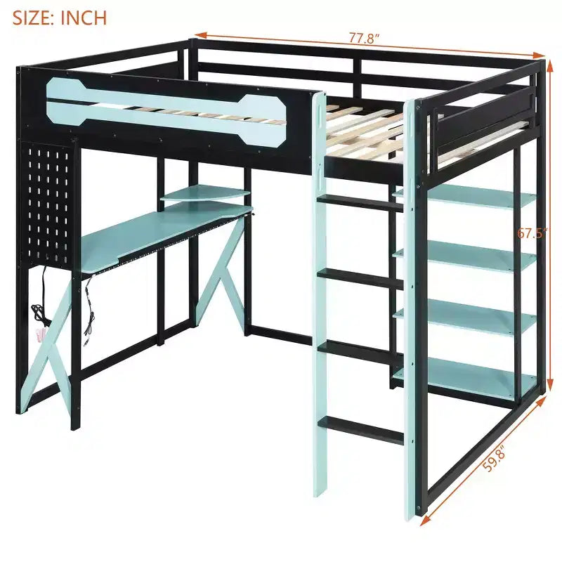 Letto a soppalco con scrivania e scaffali, una piazza, nero e blu / verde / rosso