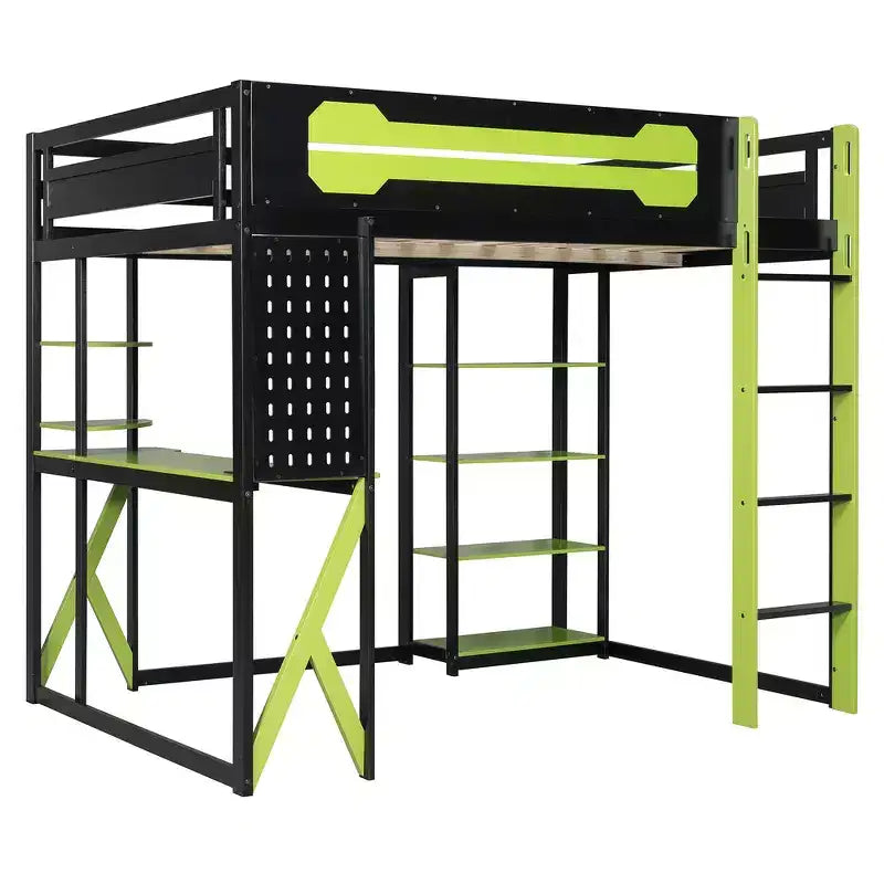 Letto a soppalco con scrivania e scaffali, una piazza, nero e blu / verde / rosso