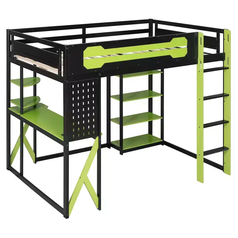 Letto a soppalco con scrivania e scaffali, una piazza, nero e blu / verde / rosso