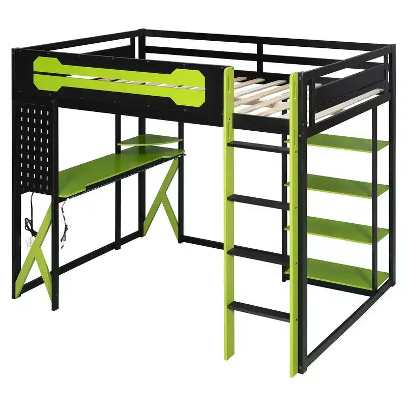 Letto a soppalco con scrivania e scaffali, una piazza, nero e blu / verde / rosso