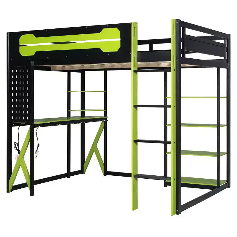 Letto a soppalco con scrivania e scaffali, una piazza, nero e blu / verde / rosso