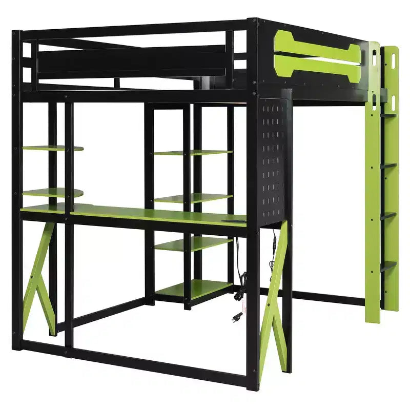 Letto a soppalco con scrivania e scaffali, una piazza, nero e blu / verde / rosso
