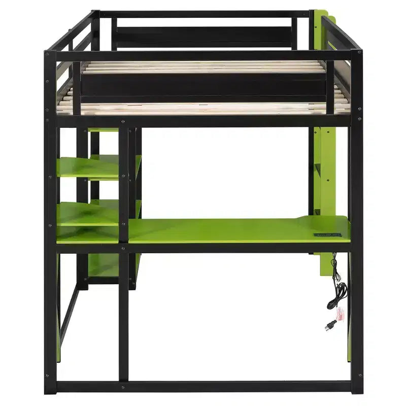 Letto a soppalco con scrivania e scaffali, una piazza, nero e blu / verde / rosso