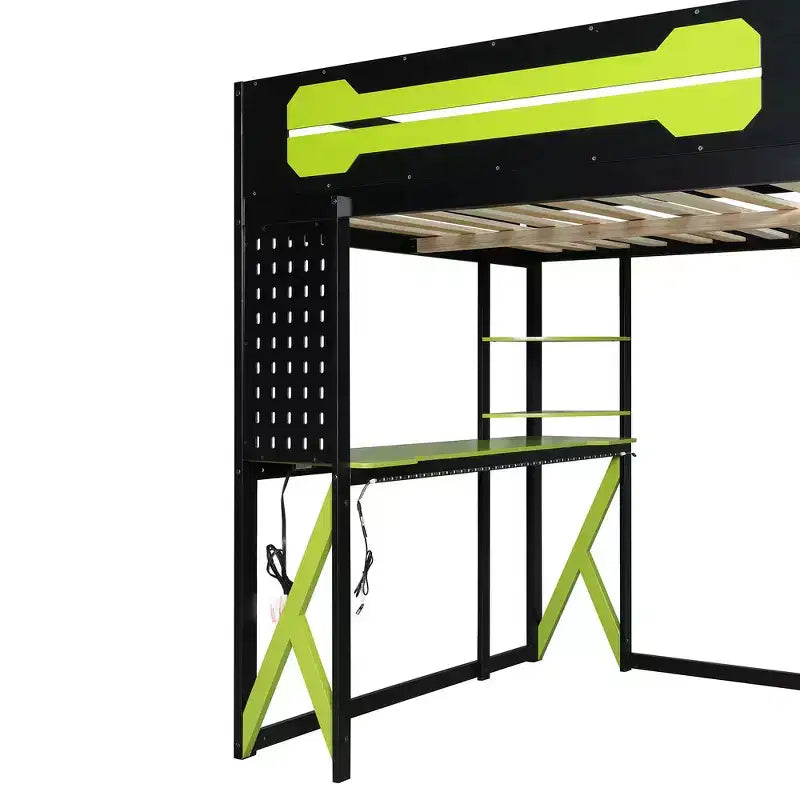 Letto a soppalco con scrivania e scaffali, una piazza, nero e blu / verde / rosso