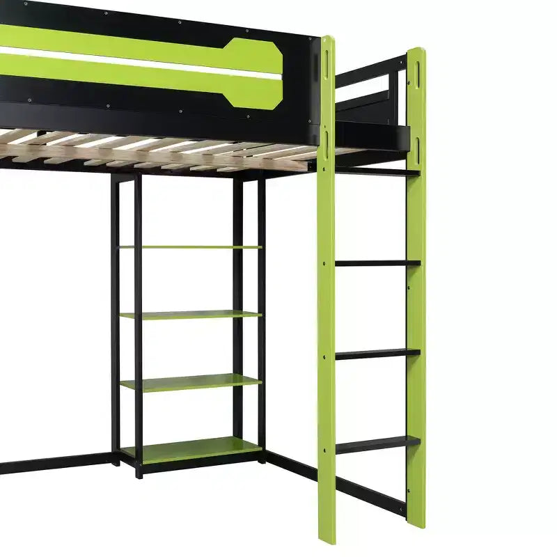 Letto a soppalco con scrivania e scaffali, una piazza, nero e blu / verde / rosso