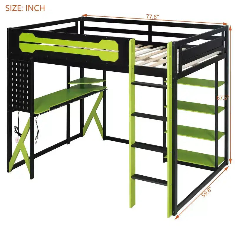 Letto a soppalco con scrivania e scaffali, una piazza, nero e blu / verde / rosso