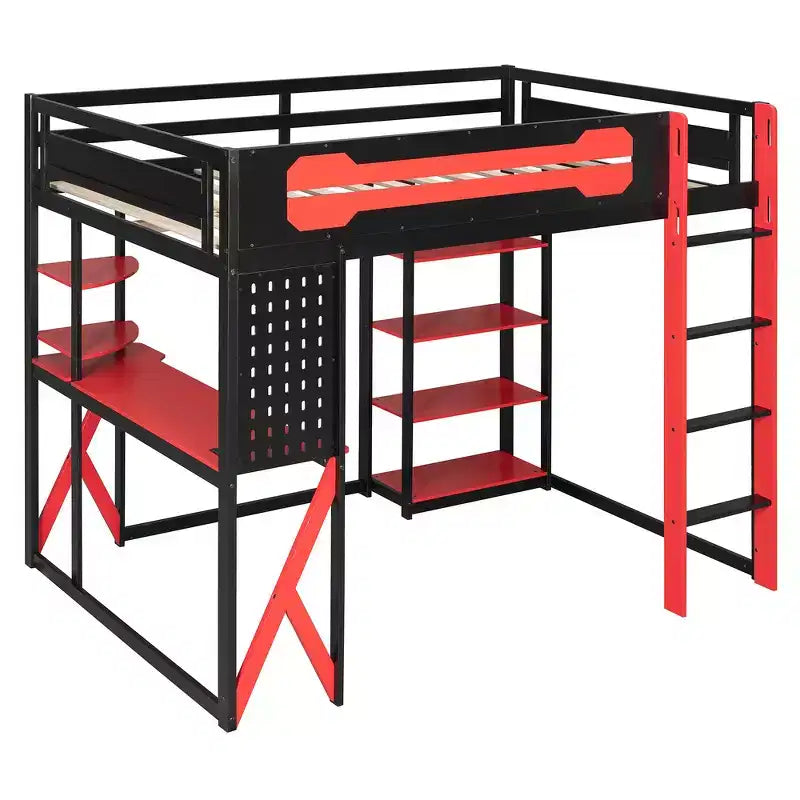 Letto a soppalco con scrivania e scaffali, una piazza, nero e blu / verde / rosso