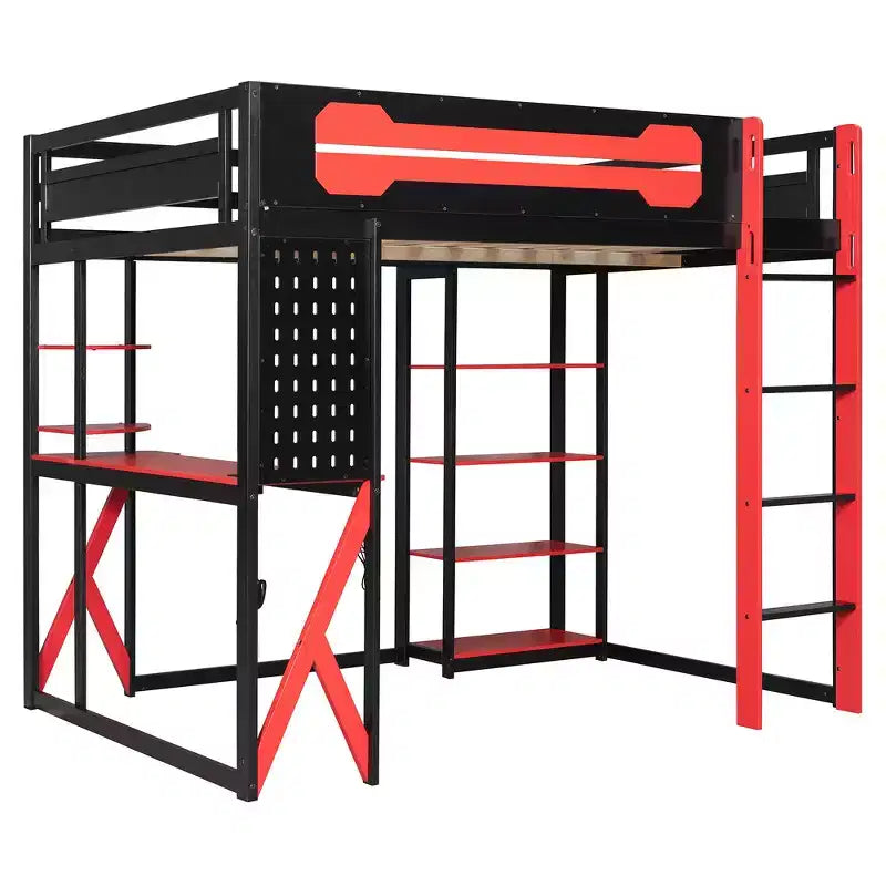 Letto a soppalco con scrivania e scaffali, una piazza, nero e blu / verde / rosso