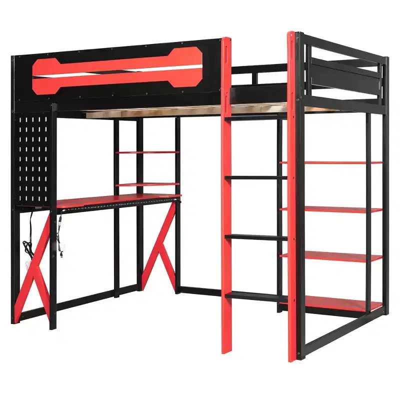 Letto a soppalco con scrivania e scaffali, una piazza, nero e blu / verde / rosso