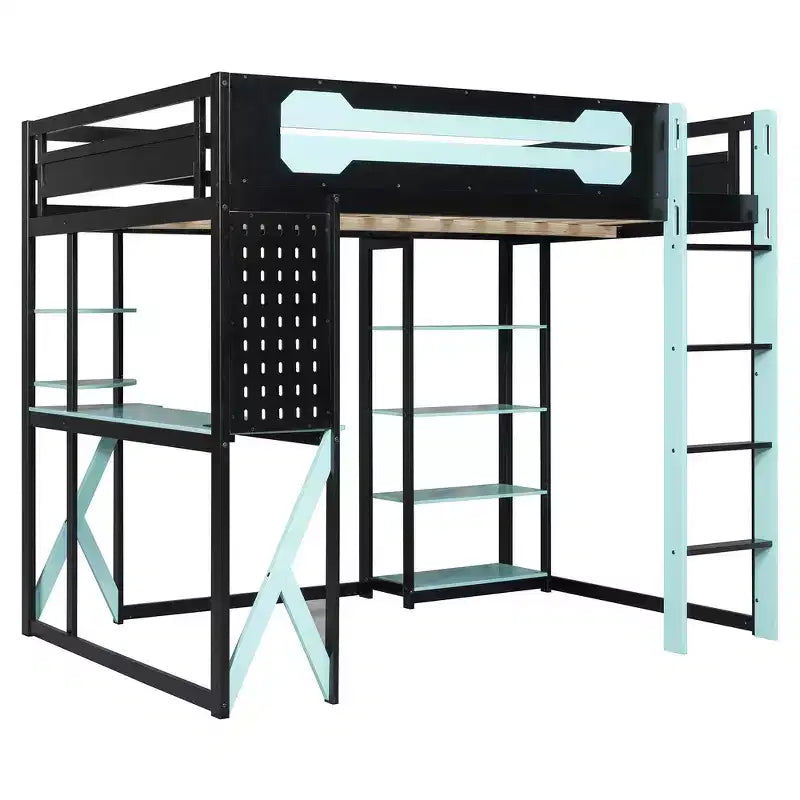 Letto a soppalco con scrivania e scaffali, una piazza, nero e blu / verde / rosso