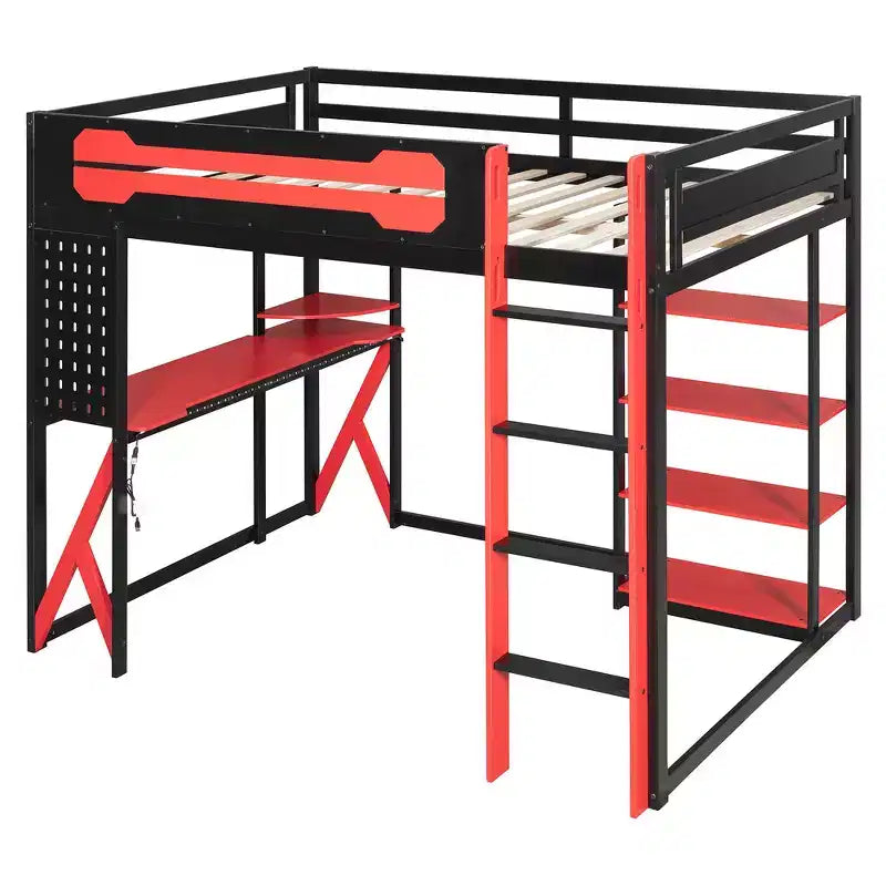 Letto a soppalco con scrivania e scaffali, una piazza, nero e blu / verde / rosso
