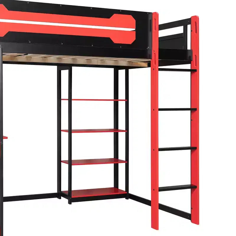 Letto a soppalco con scrivania e scaffali, una piazza, nero e blu / verde / rosso
