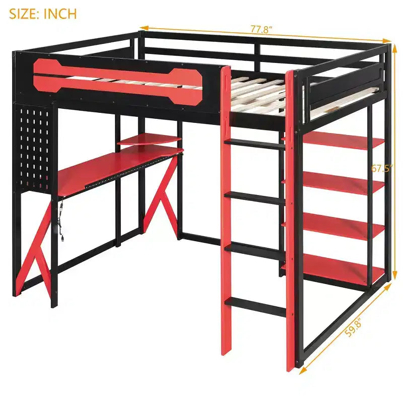 Letto a soppalco con scrivania e scaffali, una piazza, nero e blu / verde / rosso