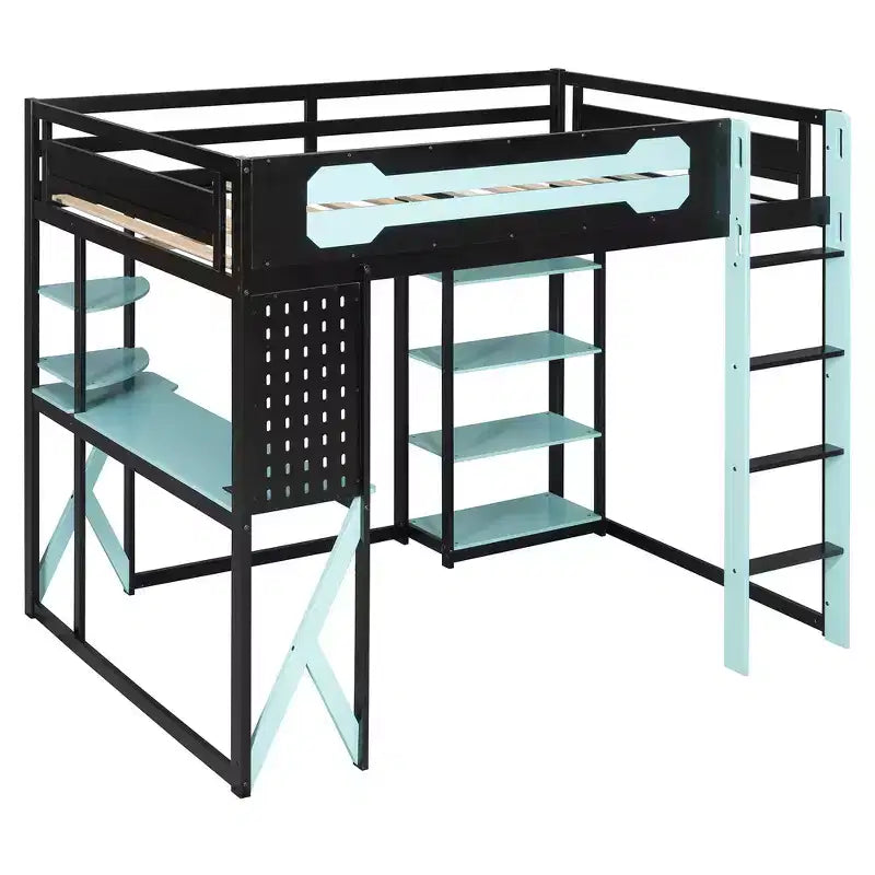 Letto a soppalco con scrivania e scaffali, una piazza, nero e blu / verde / rosso