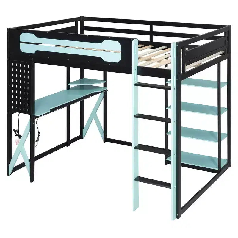 Letto a soppalco con scrivania e scaffali, una piazza, nero e blu / verde / rosso