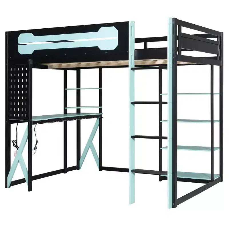 Letto a soppalco con scrivania e scaffali, una piazza, nero e blu / verde / rosso
