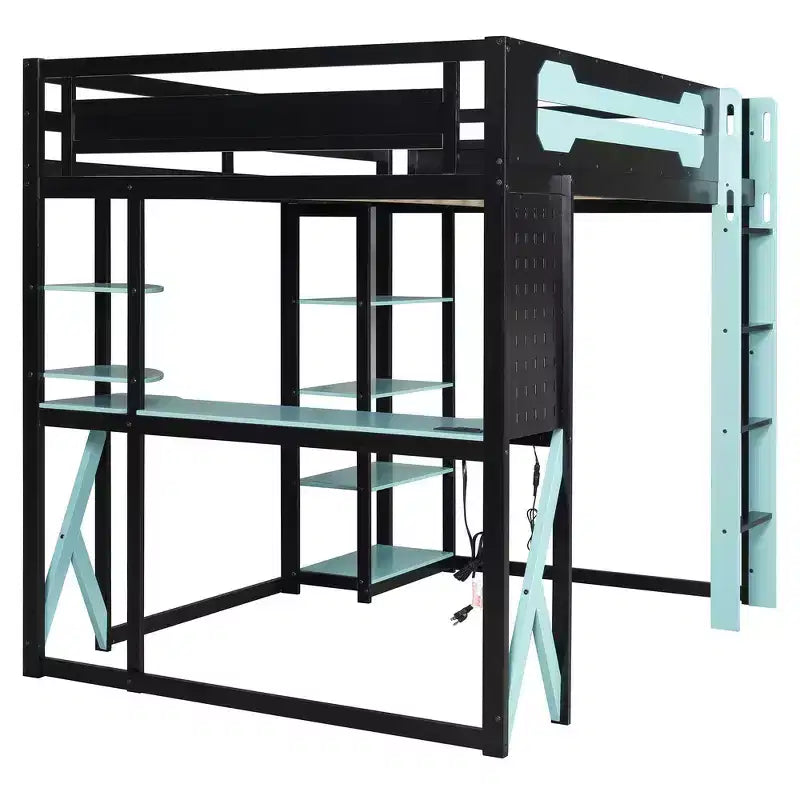 Letto a soppalco con scrivania e scaffali, una piazza, nero e blu / verde / rosso