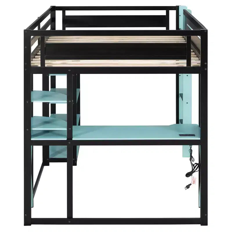 Letto a soppalco con scrivania e scaffali, una piazza, nero e blu / verde / rosso