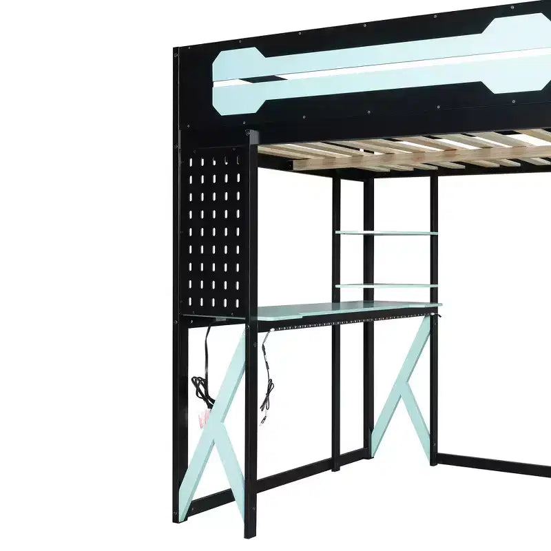 Letto a soppalco con scrivania e scaffali, una piazza, nero e blu / verde / rosso