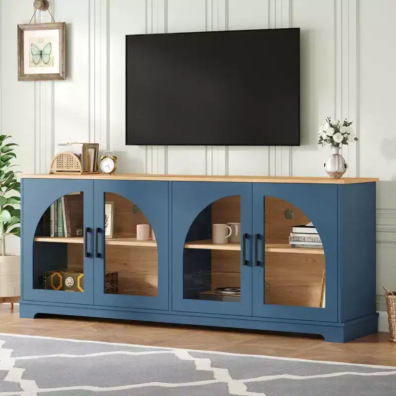 Mobile TV Nero/Blu/Noce | Ante in Vetro Semi-Curvo | Adatto per TV fino a 70"