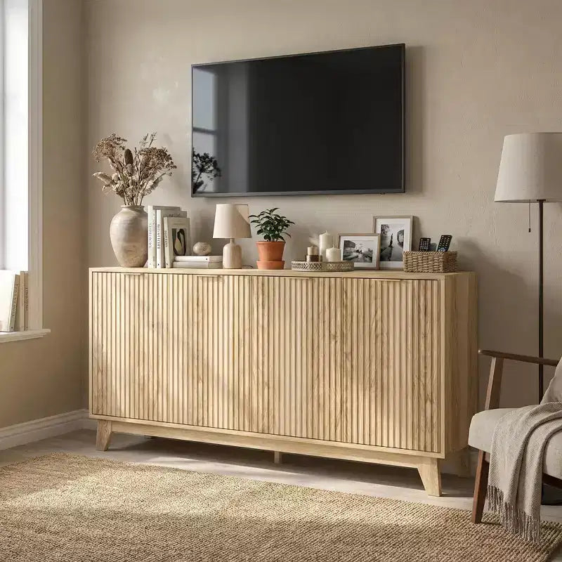 Credenza a Sbuffi Bianchi, 140 cm, Buffet in Legno a 4 Ante, Montaggio da 2 Persone
