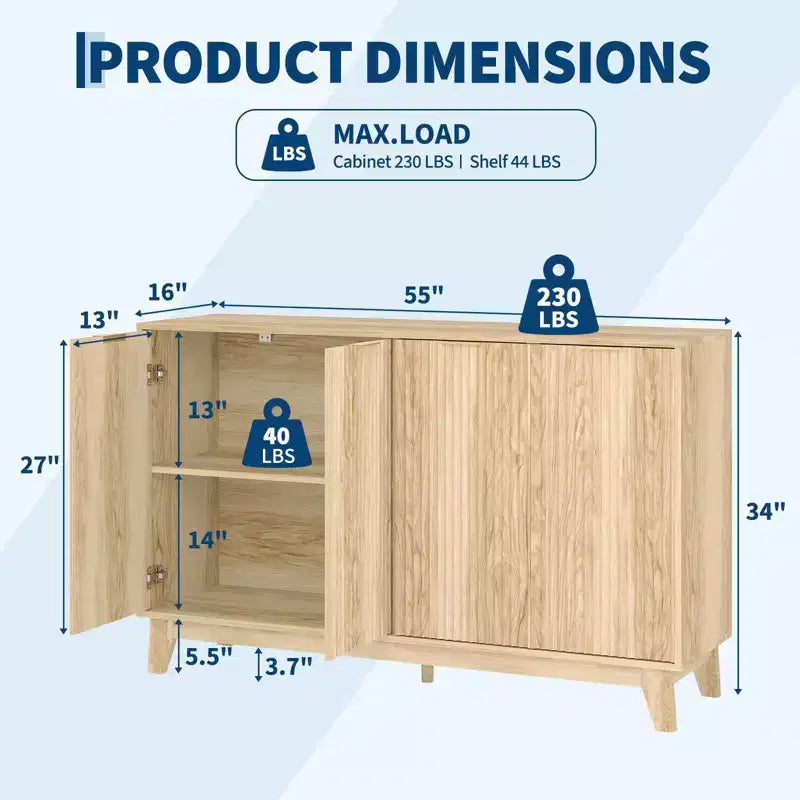 Credenza a Sbuffi Bianchi, 140 cm, Buffet in Legno a 4 Ante, Montaggio da 2 Persone