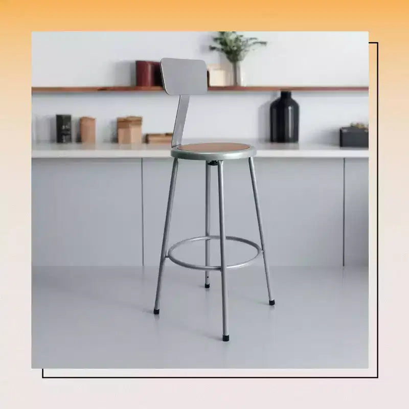 Sgabello rotondo in acciaio grigio con schienale basso, 1 posto